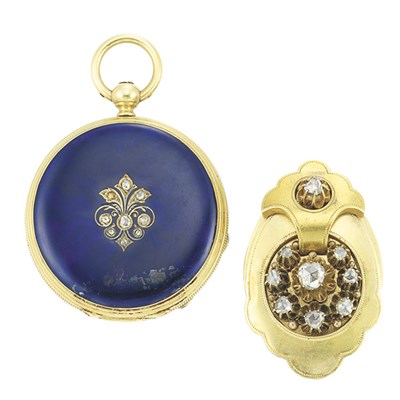 Lot 567 - Antique Gold and Enamel Hunting Case Pocket Watch and Gold and Diamond Pendant-Brooch