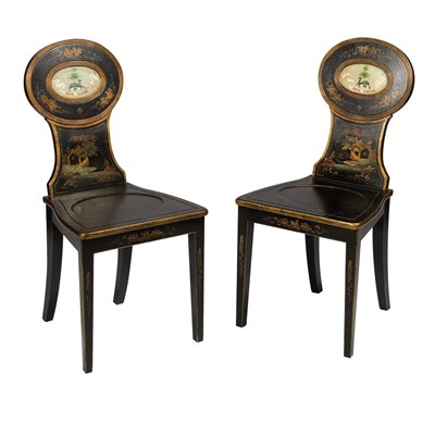 Lot 338 - Pair of Polychrome Decorated Hall Chairs