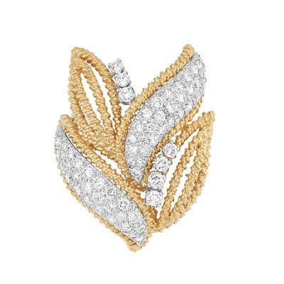 Lot 334 - Gold, Platinum and Diamond Leaf Clip-Brooch