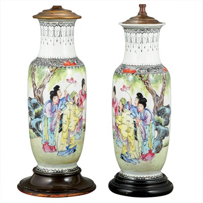 Lot 415 - Pair of Chinese Famille Rose Porcelain Lamps...