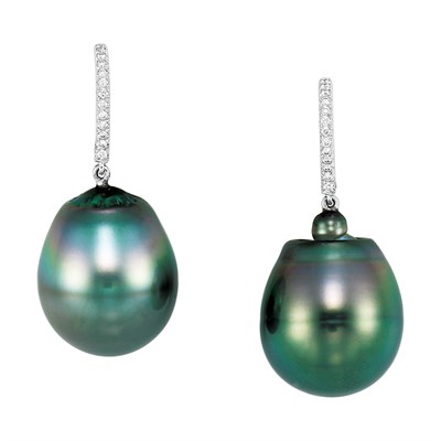Lot 278 - Pair of White Gold, Black Cultured Pearl and Diamond Pendant-Earrings
