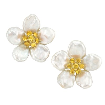 Lot 404 - Pair of Gold, Mother-of-Pearl and Yellow Sapphire Flower Earclips, Seaman Schepps