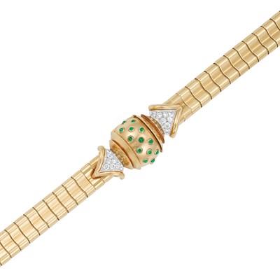 Lot 443 - Gold, Cabochon Emerald and Diamond Bracelet-Watch, Gubelin