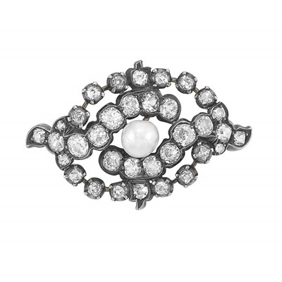 Lot 182 - Antique Silver, Gold, Pearl and Diamond Brooch