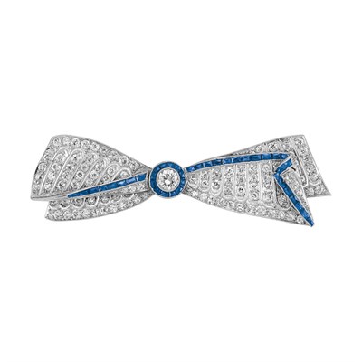 Lot 613 - Diamond and Sapphire Bow Brooch