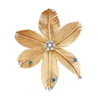Lot 307 - Gold, Sapphire and Diamond Flower Clip-Brooch
