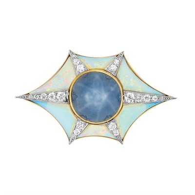 Lot 392 - Gold, Platinum, Star Sapphire, Opal and Diamond Brooch