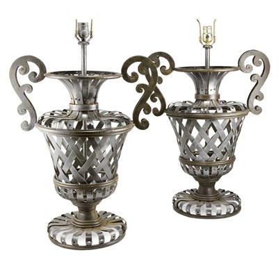 Lot 203 - Pair of Metal Basket Weave Urn-Form Lamps...