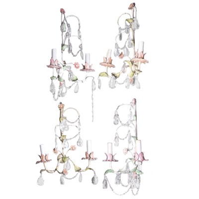Lot 342 - Set of Four Painted Tole and Crystal Two-Light...
