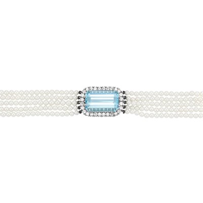 Lot 145 - Five Strand Cultured Pearl, Aquamarine and Diamond Choker Necklace