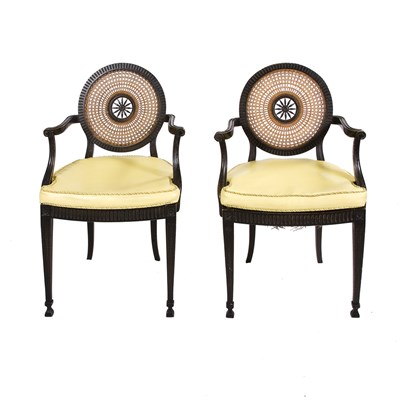 Lot 341 - Set of Six Caned and Black Painted Wheel Back...