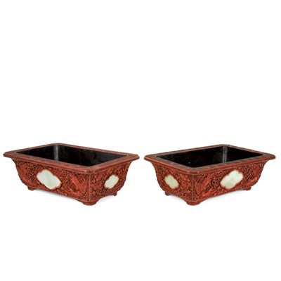Lot 262 - Pair of Chinese Jade Inset Red Lacquer...