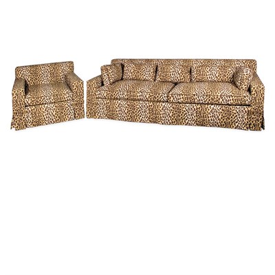 Lot 103 - Leopard Upholstered Sofa and Club Chair en...