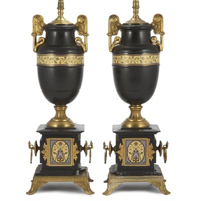 Lot 94 - Pair of French Enamel and Gilt-Bronze Lamps...