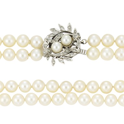Lot 151 - Long Double Strand Cultured Pearl Necklace with Cultured Pearl and Diamond Clasp