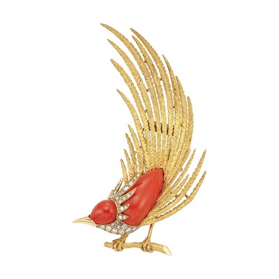 Lot 471 - Gold, Coral and Diamond Bird Clip-Brooch, Gumbiner
