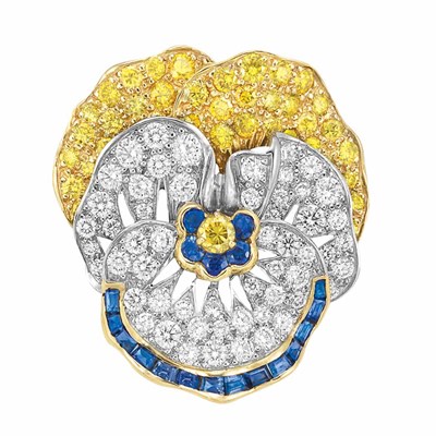 Lot 531 - Gold, Platinum, Diamond, Yellow Diamond and Sapphire Pansy Brooch, Oscar Heyman Bros.