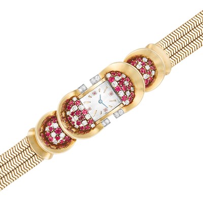 Lot 434 - Triple Strand Gold Snake Chain, Ruby and Diamond Bracelet-Watch