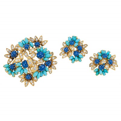 Lot 475 - Gold, Turquoise, Cabochon Sapphire and Diamond Brooch and Pair of Earclips