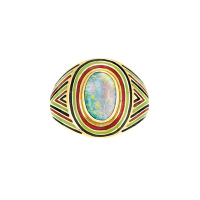 Lot 394 - Arts and Crafts Gold, Black Opal and Enamel Ring