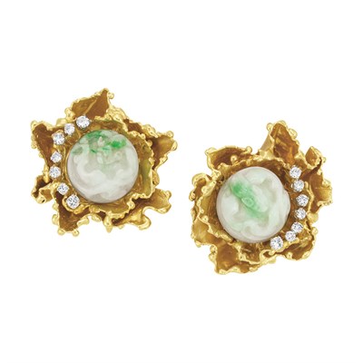 Lot 413 - Pair of Gold, Carved Jade and Diamond Flower Earclips