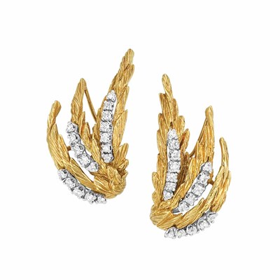 Lot 141 - Pair of Gold and Diamond Leaf Earclips