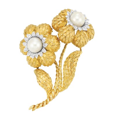 Lot 83 - Gold, Cultured Pearl and Diamond Flower Brooch