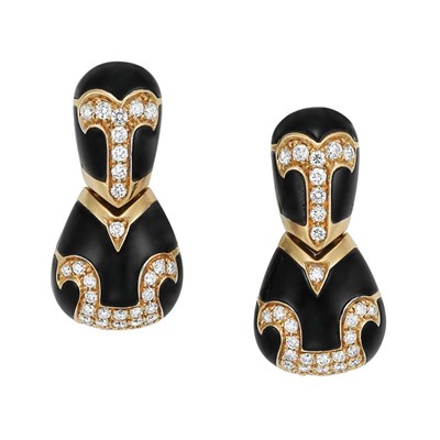 Lot 86 - Pair of Gold, Black Onyx and Diamond Pendant-Earclips
