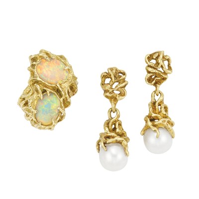 Lot 16 - Gold and Opal Ring, Arthur King and Pair of Gold and Cultured Pearl Pendant-Earrings