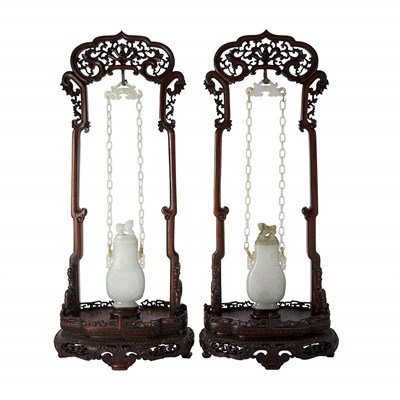 Lot 291 - Pair of Chinese Celadon Jade Hanging Vases...