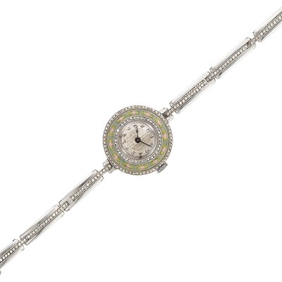 Lot 292 - Edwardian Platinum, Enamel and Diamond Wristwatch