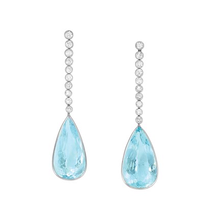 Lot 147 - Pair of White Gold, Diamond and Aquamarine Pendant-Earrings