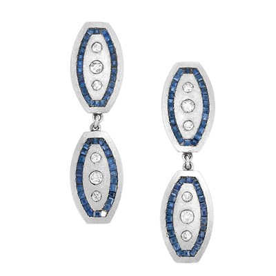 Lot 295 - Pair of Platinum, Gold, Diamond and Sapphire Pendant-Earrings