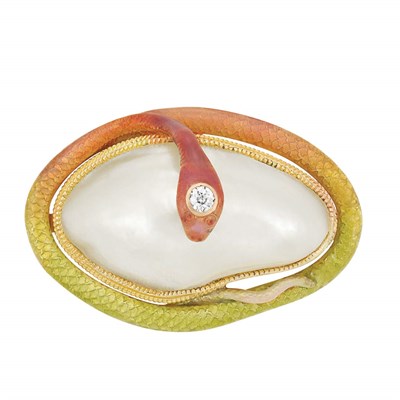 Lot 391 - Art Nouveau Gold, Enamel, Blister Pearl and Diamond Serpent Pendant-Brooch