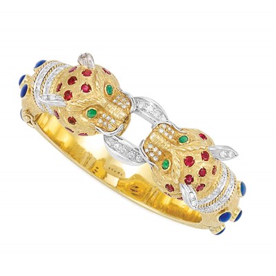 Lot 170 - Gold, Lapis, Ruby and Diamond Animal Head Bangle Bracelet