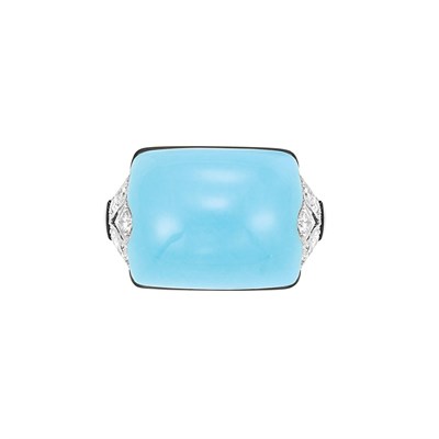 Lot 66 - Platinum, Cabochon Turquoise, Black Onyx and Diamond Ring
