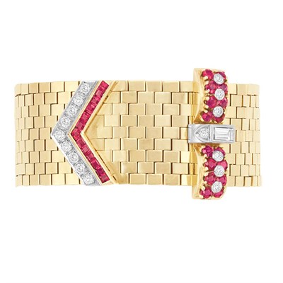 Lot 437 - Wide Gold, Diamond and Ruby Slide Bracelet