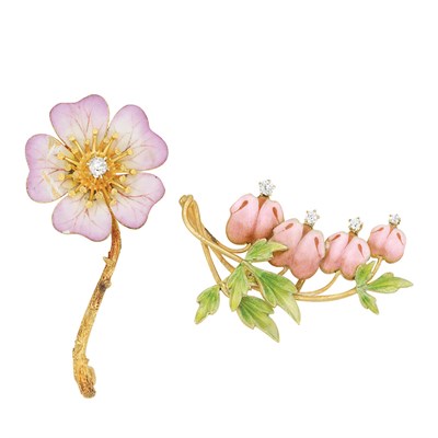 Lot 55 - Two Antique Gold, Enamel and Diamond Flower Pins