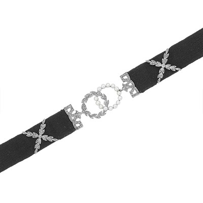 Lot 633 - Belle Epoque Platinum, Diamond, Pearl and Gros Grain Ribbon Bracelet