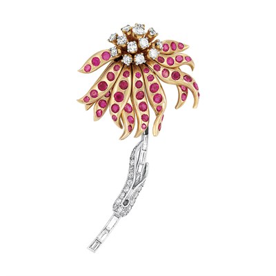 Lot 544 - Gold, Platinum, Diamond and Ruby Flower Brooch