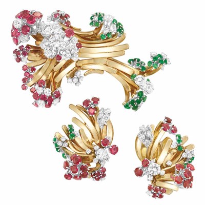 Lot 433 - Gold, Diamond, Emerald and Ruby Brooch and Pair of Earclips