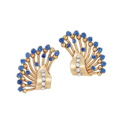 Lot 207 - Pair of Gold, Sapphire and Diamond Earclips
