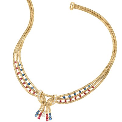 Lot 206 - Gold, Sapphire, Ruby and Diamond Snake Chain Necklace