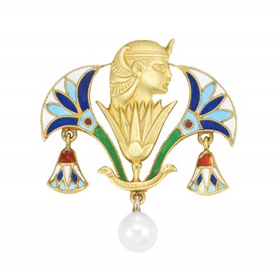 Lot 289 - Egyptian Revival Gold, Enamel and Pearl Pin