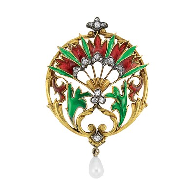 Lot 393 - Art Nouveau Gold, Silver, Plique-a-Jour Enamel, Diamond and Pearl Brooch