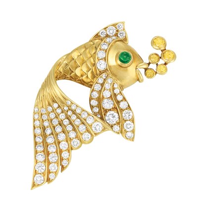 Lot 283 - Gold, Diamond, Yellow Diamond and Cabochon Emerald Fish Brooch