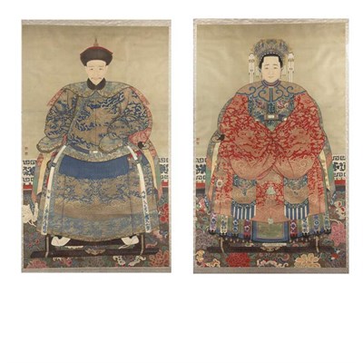 Lot 155 - Pair of Chinese Ancestoral Portraits Late 19th...