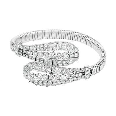 Lot 606 - Diamond Double-Clip Brooch with Platinum Snake Chain Necklace and and Bracelet Attachments, Van Cleef & Arpels