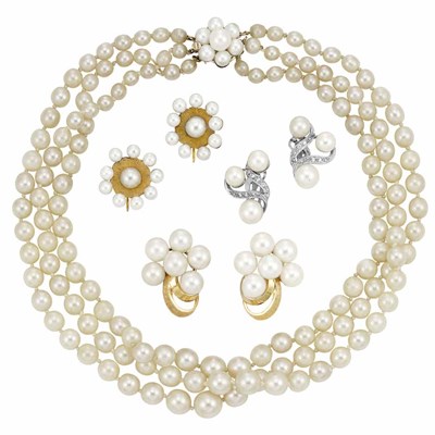 Lot 4 - Triple Strand Cultured Pearl Necklace and Three Pairs of Cultured Pearl Earclips