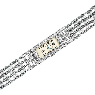Lot 637 - Platinum, Diamond and Seed Pearl Wristwatch, Cartier